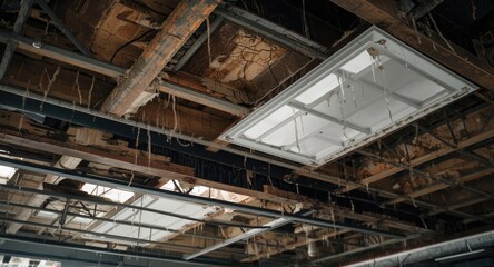 Building ceiling with water damage causing cracks and steel framework exposure