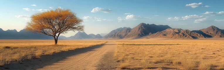 Fototapeta premium Solitary golden tree beside a dusty dirt track crossing dry grassland toward distant rugged mountains beneath a calm blue sky, evoking solitude and tranquility