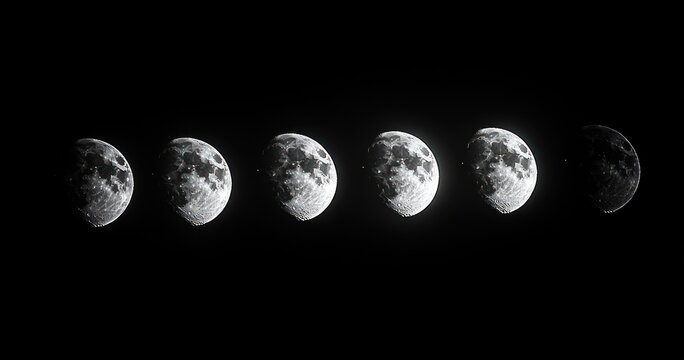 six sequential lunar phases displayed in high-contrast monochrome on a black background, serene and mysterious celestial progression