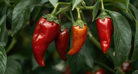 Detailed view of ripe chili peppers on a thriving plant