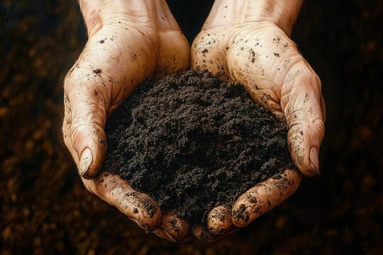 Two dirt-streaked hands gently cupping rich dark soil, rough palms and crumbs visible, conveying nurturing care, connection to earth and hopeful stewardship