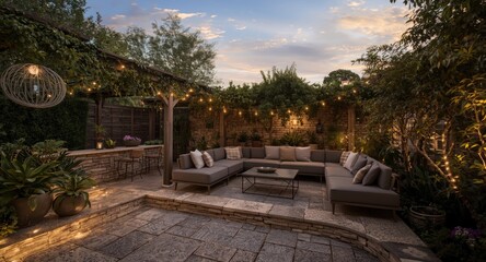 Obraz premium Cozy outdoor seating area with string lights and stone terrace under warm evening sky
