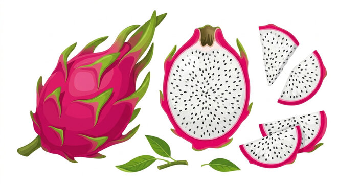 Fresh dragon fruit vector set, whole and sliced pitaya with white flesh and black seeds isolated on white background.