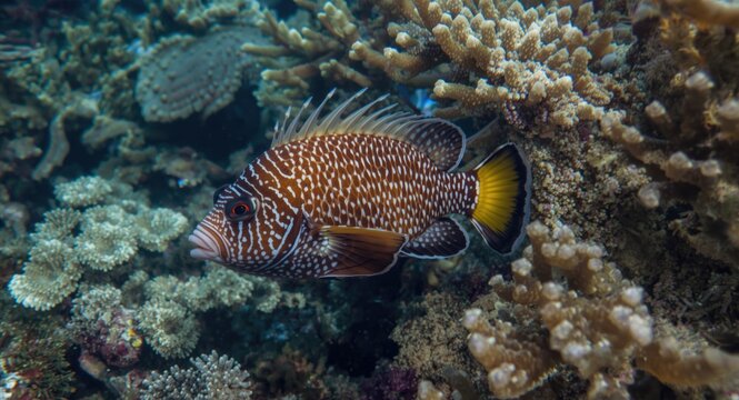 Blackbelt hogfish displaying playful actions on flourishing coral seabed