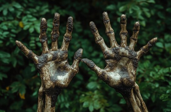 two muddy skeletal hands raised above green leafy foliage, eerie and haunting macabre scene