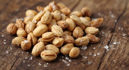 Obraz premium Close up of salted macadamia nuts spread across a rustic wood board showcasing texture