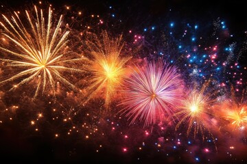 Obraz premium Night sky erupts with colorful fireworks in gold, pink, purple and blue, bright bursts and trails creating a festive, awe-inspiring celebration