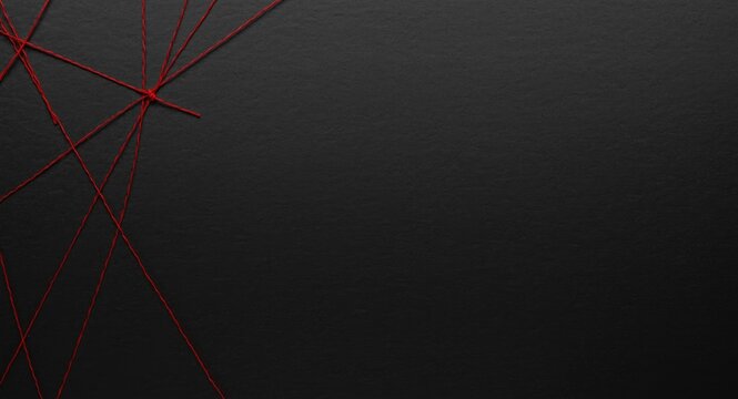 Blank paper connected by red thread on black detective board with copy space