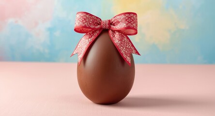 Naklejka premium Easter chocolate egg featuring an ornamental bow against a cheerful backdrop