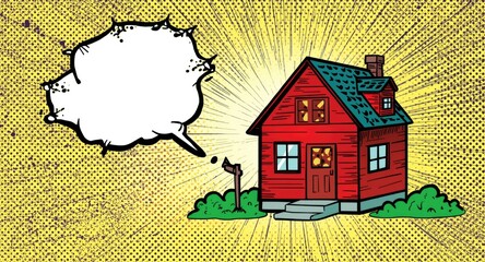 Cartoon style house with a thought bubble in a comic book design