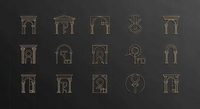 Elegant Gold Line Art Archways and Columns Set for Architecture Branding and Website Design Elements