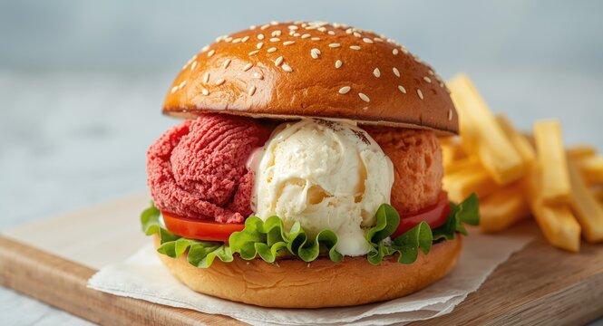 Assorted flavor ice cream burger on fresh bread with copy space included