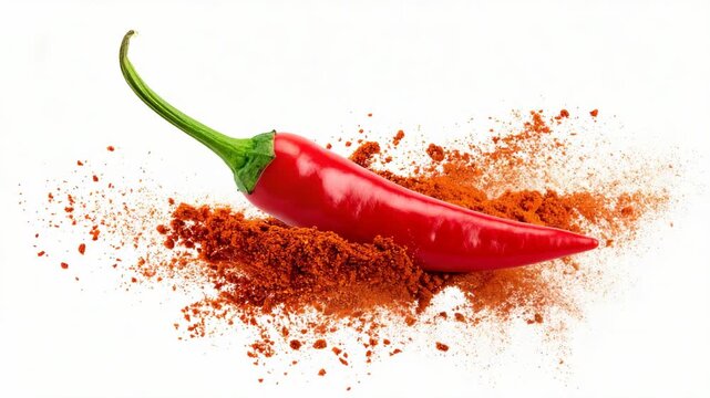 Fresh organic red chili pepper lying on top of a splash of ground paprika powder isolated on a plain white background