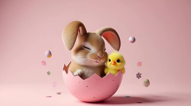 Easter bunny and chick emerging from egg
