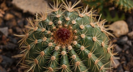 Fototapeta premium Detailed view of dwarf turks cap cactus showing reddish brown cephalium in garden setting with copy space