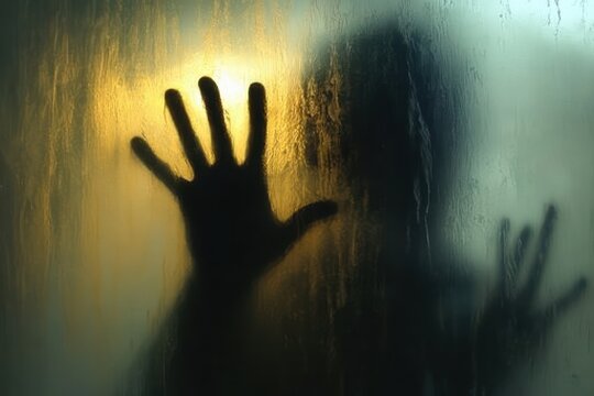 silhouetted figure pressing palms against fogged glass with warm backlight, blurred face and streaks conveying fear and desperation