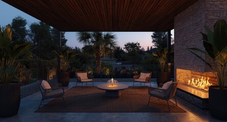 Naklejka premium AI powered depiction of a spacious terrace with modern armchairs, tropical palms, and a fireplace glowing warmly in the evening light