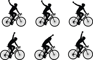 Black silhouette set of professional cyclists celebrating victory with raised fists on road bikes isolated on white background for sports achievement and competition concepts.