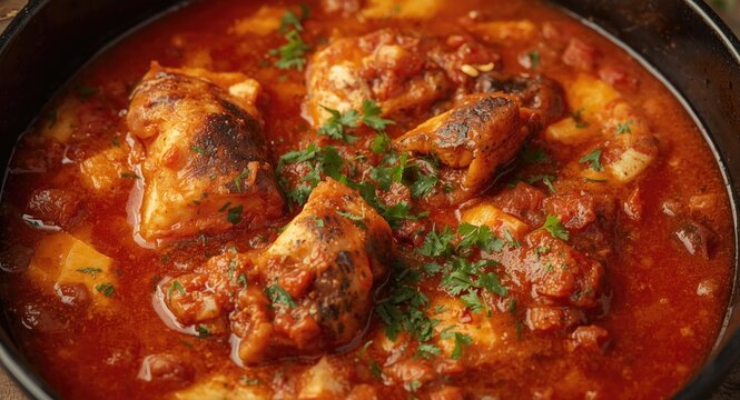 Closeup of vibrant moqueca baiana fish stew in a sleek cast iron roasting dish