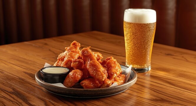 Buffalo chicken wings plated with flavorful ranch and a pint of beer