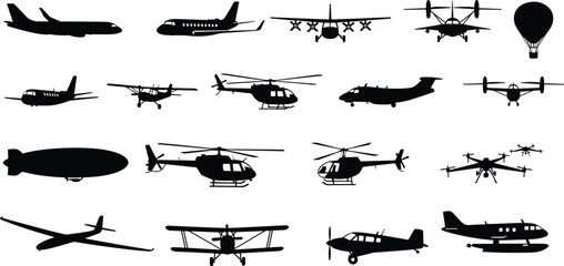 Black Vector Silhouettes Collection of Aircraft Including Commercial Airplanes Helicopters Drones Glider Hot Air Balloon Blimp Biplane and Seaplane Isolated on White Background © Mahsina