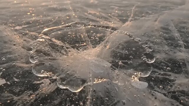 Close up of fishing net submerged in water with sunlight reflecting.