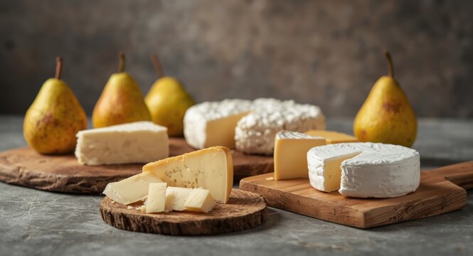 Assorted gourmet cheeses and fresh pears placed on natural wood boards with a delicately blurred background showcasing Dorblu and Camembert