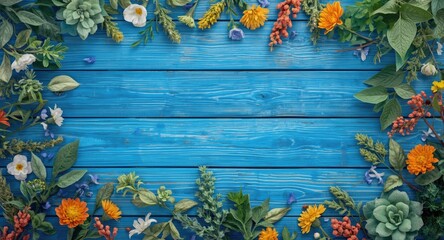 Fototapeta premium Blue wooden textured background with assorted floral and foliage elements and copy space