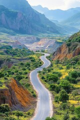 Fototapeta premium serene winding road through green valley with rocky cliffs and misty blue mountains in the distance