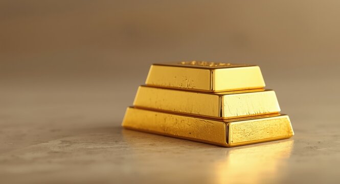 Neatly stacked precious metal bars with gold and silver shine and background blur for copy space