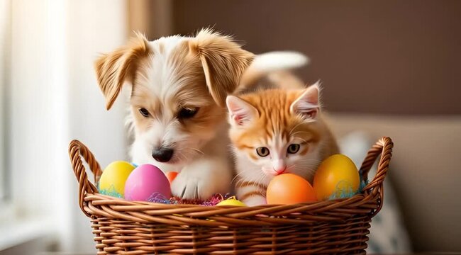 A dog and a kitten sitting in a basket of easter eggs