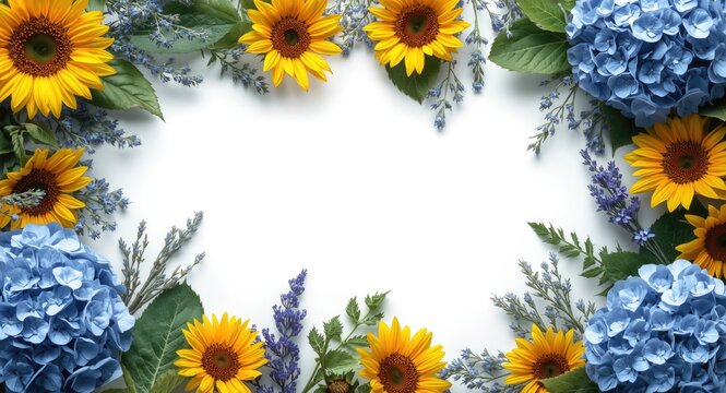 Artistic blue and yellow floral frame with hydrangeas sunflowers and herbs for logos