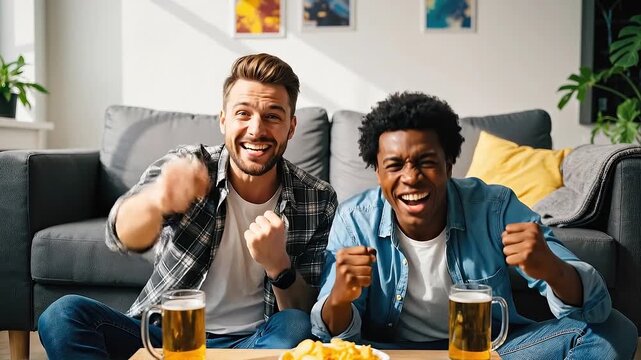 Two men celebrating victory while watching sports on television. Caucasian and african american male friends cheering for home team with beer and snack at home.