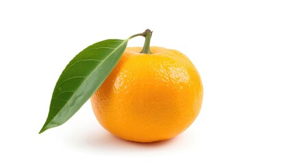 Bright yellow clementine fruit with leaf shown on white background focusing on fresh and pure food photography