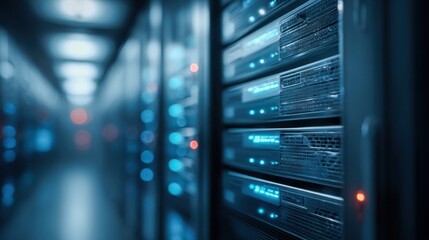 Naklejka premium Rows of glowing blue server racks in a modern data center, technology concept
