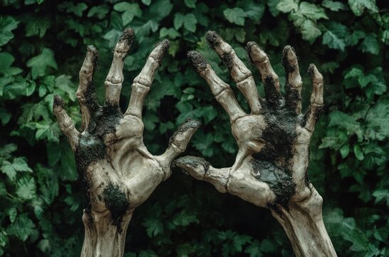 two dirt-stained skeletal hands rising above dense ivy, fingers splayed in an eerie unsettling reach