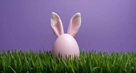 Obraz premium Bright violet background framing a sleek Easter egg with rabbit ears on fresh green grass for a lively spring celebration