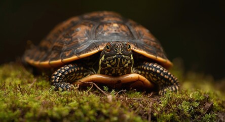 Obraz premium Close perspective of a North American box turtle resting on moss