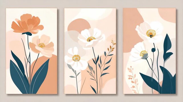 Minimalist botanical triptych wall art featuring elegant white and peach flowers with dark teal leaves