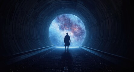 Fototapeta premium Dark figure positioned at tunnel threshold with celestial space and vivid light