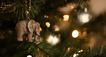 Obraz premium Close up of a carved elephant charm on a Christmas tree with warm glow and copy space for text