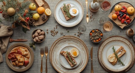 Christmas themed festive table adorned with nutritious organic breakfast and natural foods