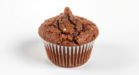 A delicious chocolate muffin with a crunchy crust on a clean white background