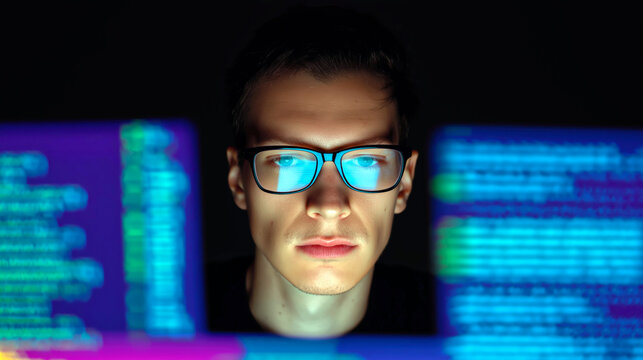 Focused programmer coding on computer with glowing screens in dark workspace software development cybersecurity technology concept