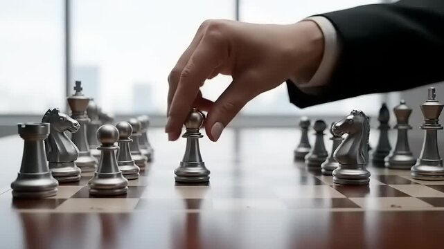Close up of a hand moving a chess piece on a board during a game.