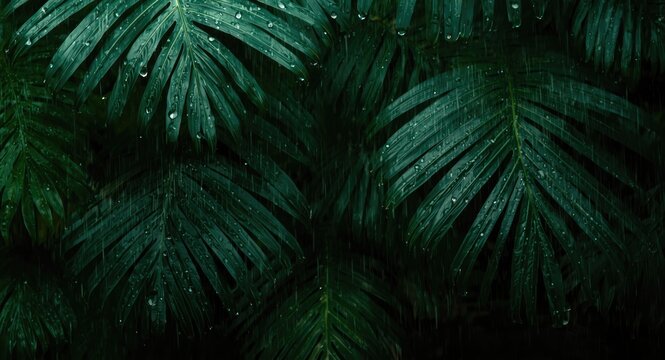 Detailed view of tropical forest leaves with strong rainfall droplets