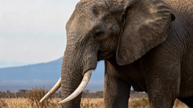 Wild elephant with large tusks walking in nature close up view