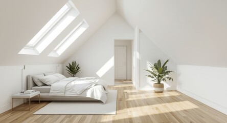 Airy attic bedroom interior with white walls roof window panels and compact bathroom area