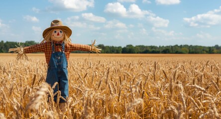 Naklejka premium Charming scarecrow standing proudly in the golden harvest field