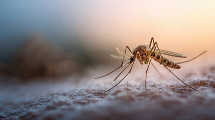 The mosquito feeding on human skin at sunset in dramatic macro closeup